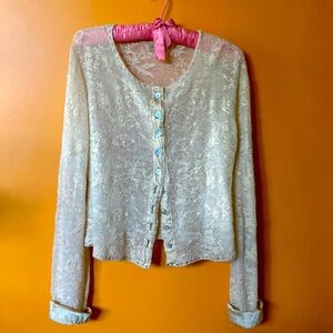 Lacy pattern lightweight sweater with buttons, hand stitching & satin cuff trim.